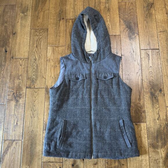prAna Vest Women's Size M Hooded Grey Plaid Wool Sherpa Lined Outdoor - Picture 1 of 6